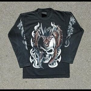 Y2K Black & grey long sleeve cotton t-shirt with skulls & dragons Size M